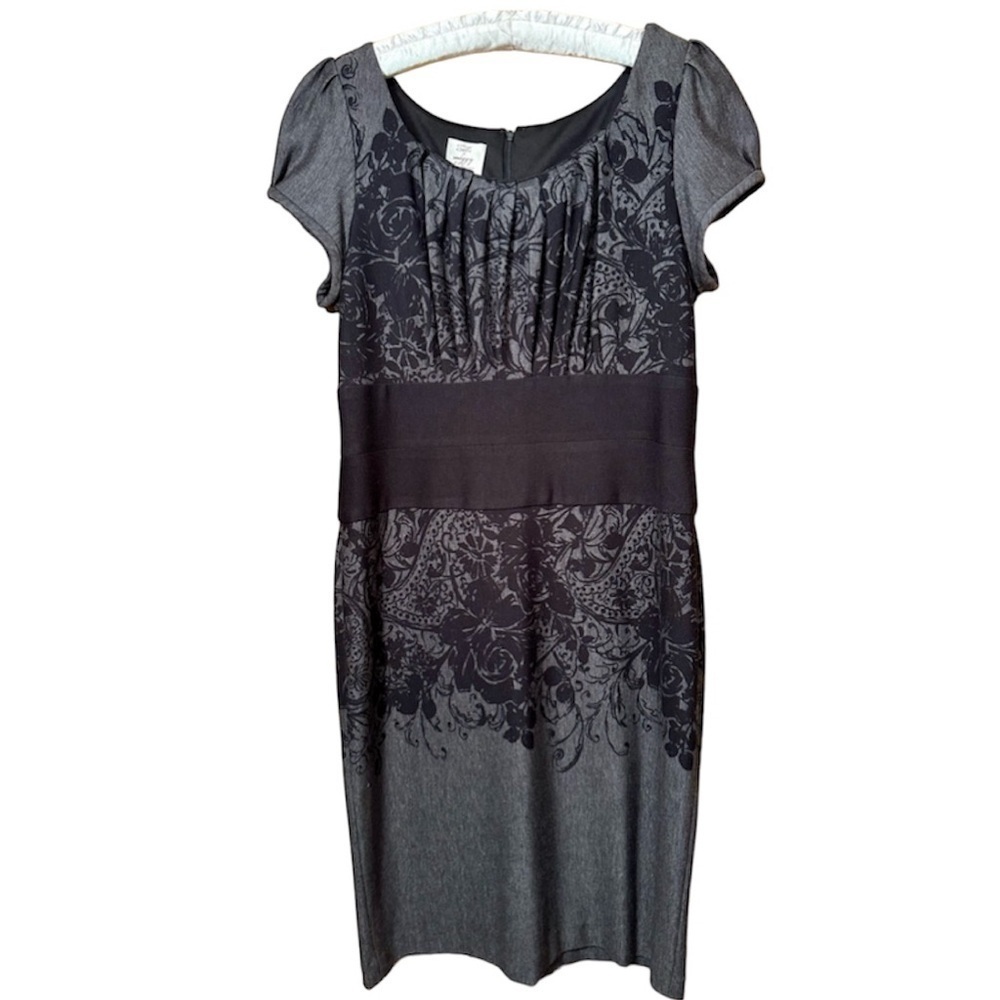 Suzi Chin for Maggy Boutique Black Gray Floral Knit Short Sleeve Dress Size 12